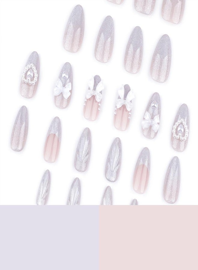 OSTTMA 24Pcs Almond Press on Nails 3D Heart Fake Nails Glossy Silver False Nails with 3D Bow Heart Pearl Acrylic Nails Designs Luxury Glue on Nails Full Cover Artificial Nails for Women Manicure Decor - Image 5